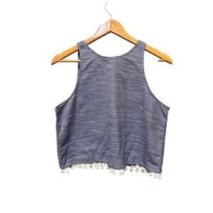 Line & Dot Blue Chambray Pom Fringe Tank Top Size Large